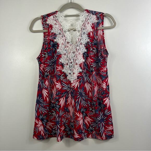 Amana New Red Floral Lace Crochet Back Tank Top Small Textured 4th of July - Picture 11 of 12